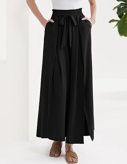 Calça Palazzo Feminina Leve, Casual, de Cintura Alta, com Bolsos e Fenda - Calça Larga e Flutuante para o Verão_voghion.com