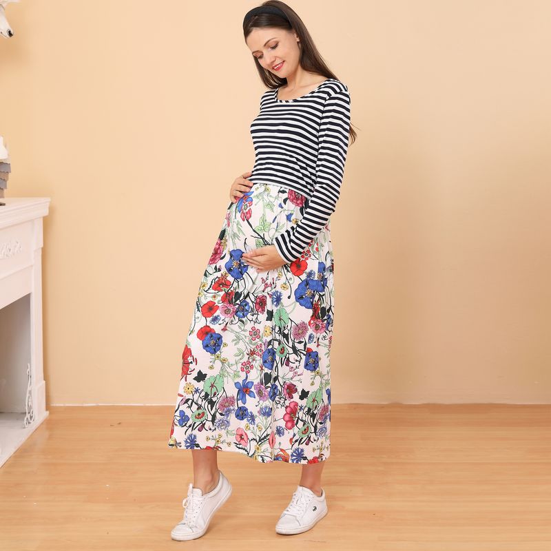 Abito premaman allattamento a maniche lunghe con scollo tondo stampato a righe_voghion.com