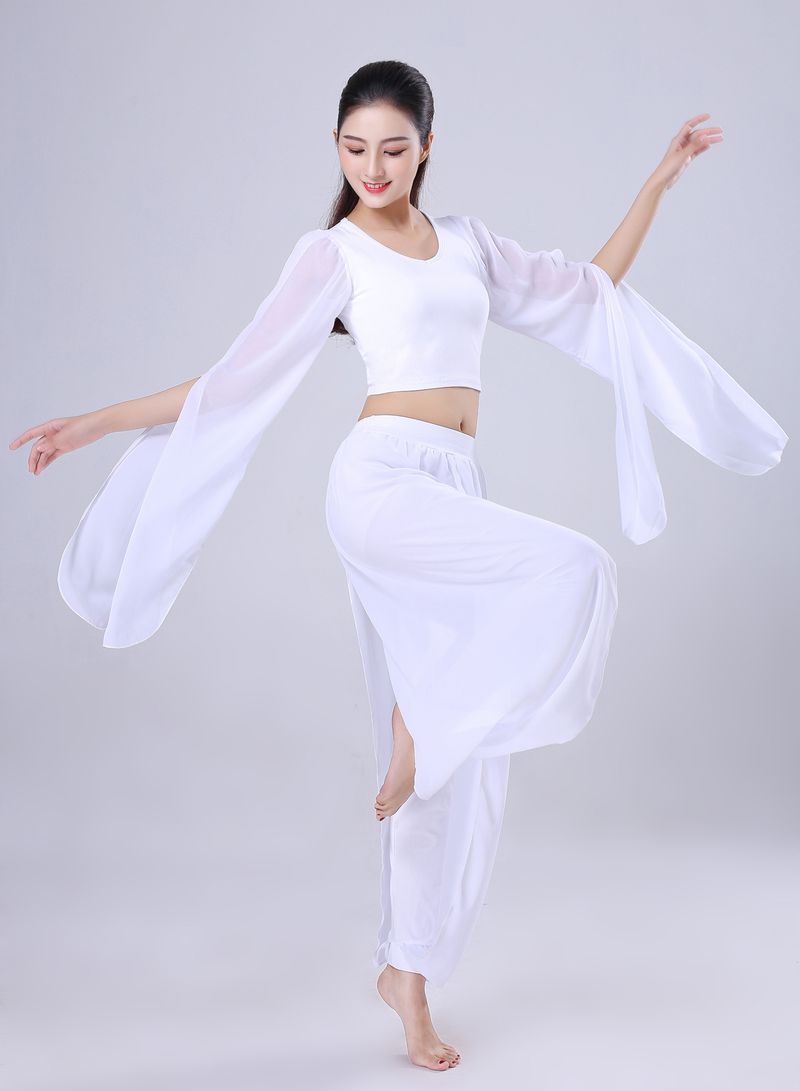 LazyZoom New Rhythm Yoga Outfit Set Slim Fit Water Sleeve White Modal Group Performance Dance Flowing Fairy-like_voghion.com