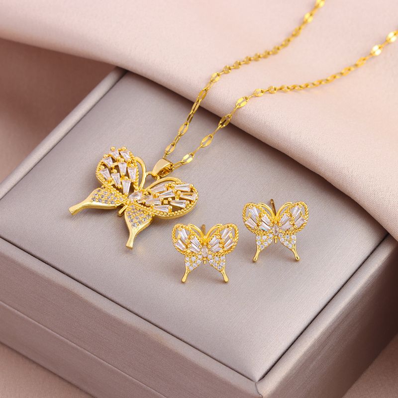 Retro luxury full zirconium butterfly necklace earrings set, versatile temperament_voghion.com