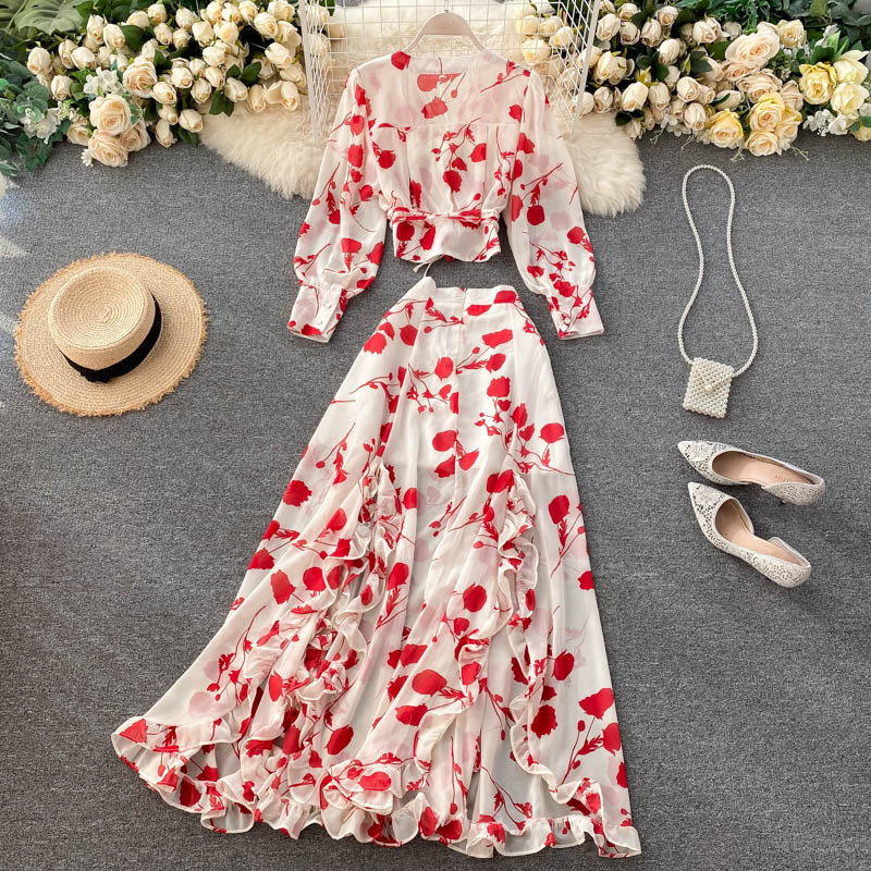 Chemise courte en mousseline de soie imprimée de style resort pour femmes, avec jupe fendue à bords d'oreilles funky, ensemble deux pièces tendance_voghion.com