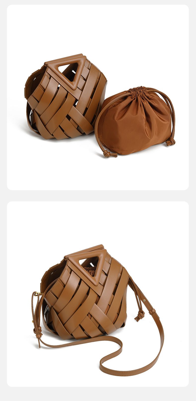 Women's Bags B's new vegetable basket triangle magnetic buckle woven hollow women's bag handbag one shoulder crossbody mother and child bucket bag_voghion.com