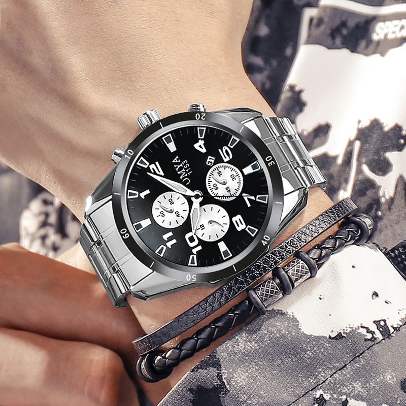 Módní vodotěsné pánské hodinky náramek sada pásek řemínek z nerezové oceli kalendář křemenné hodinky dárková krabička_voghion.com