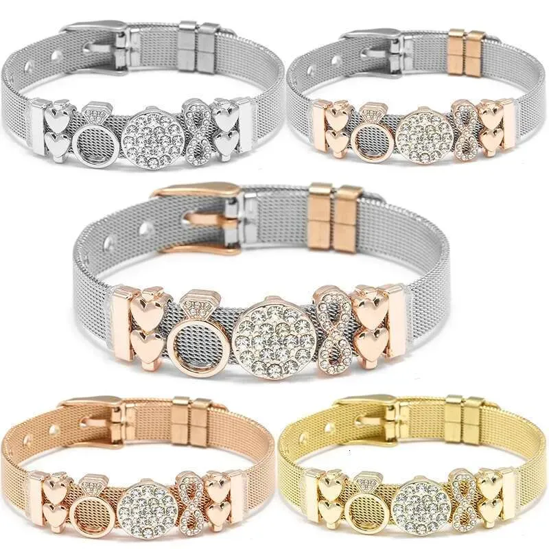 Silver Color Stainless Steel Mesh Original DIY Crystal Crown Heart Beads Keeper Bracelets For Women Men Jewelry Gift_voghion.com