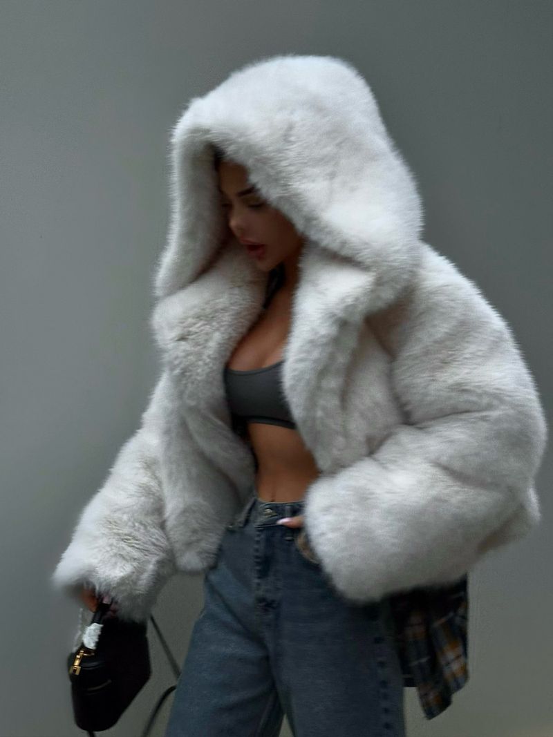 "Elegant Hooded Faux Fur Jacket For Women, Short Plush Coat With Button Detail, Winter & Fall Soft Outerwear_voghion.com