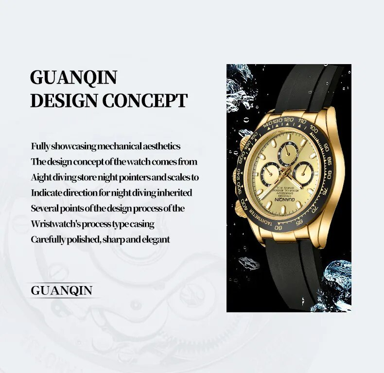 GUANQIN Men's Luxury Watch 100M Water Resistant Sapphire Crystal Luminous Automatic Mechanical Steel Wristwatch With Rubber Band_voghion.com