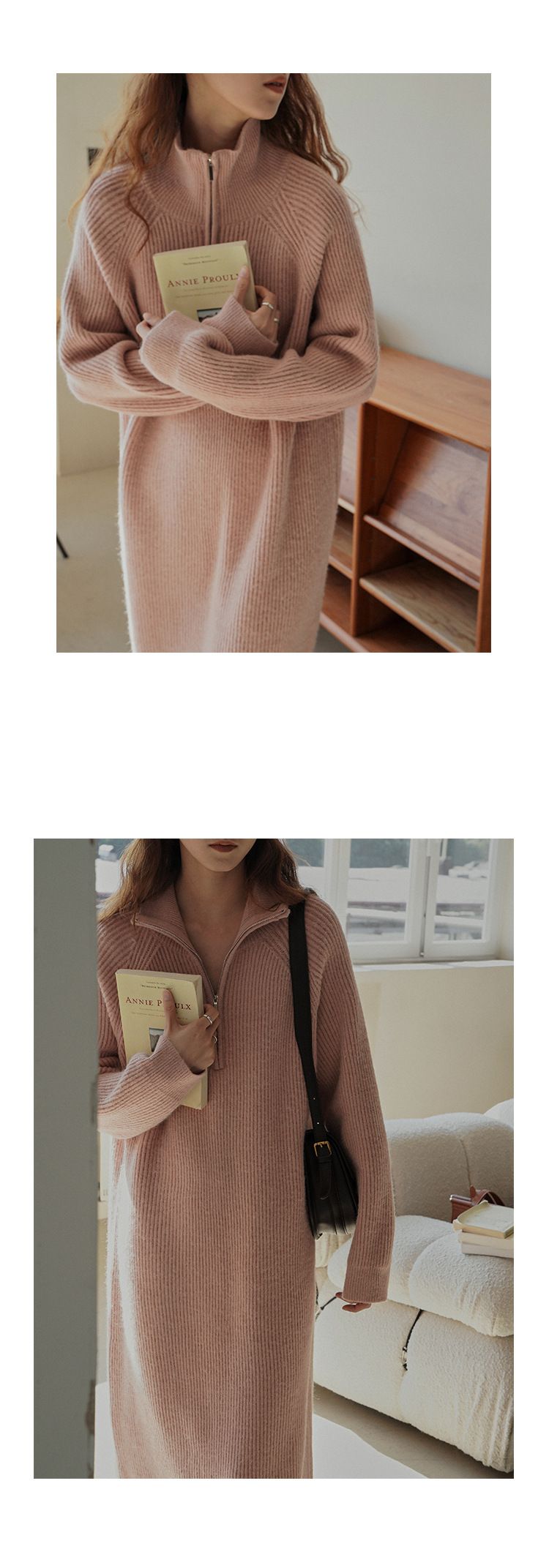 Maglione largo sopra il ginocchio, lunghezza media, con colletto rovesciato, stile pigro, strato interno in maglia, abito da donna per autunno inverno_voghion.com