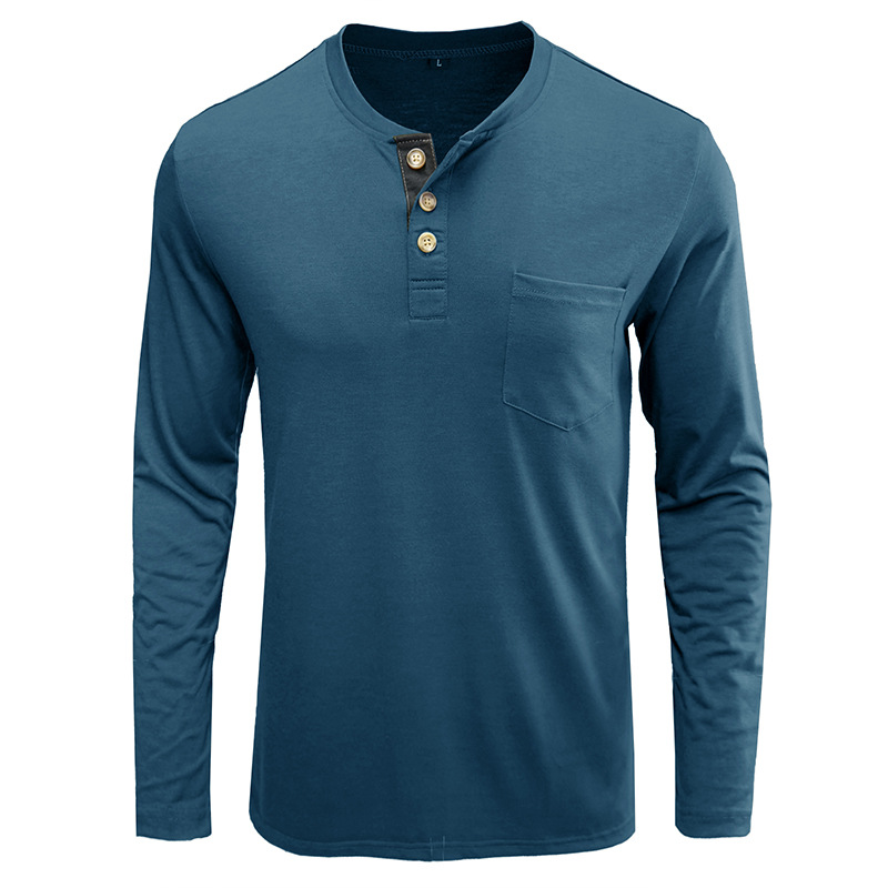 Henley-T-Shirts für Herren mit Knopfleiste, langen Ärmeln und Tasche, entspannte Passform, 100 % schwere Baumwolle_voghion.com