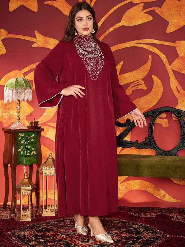Vestido Abaya muçulmano elegante com bordado de miçangas – Vestido longo e modesto para mulheres, vestido longo evasê plus size, vestido formal com decote em V para noite_voghion.com