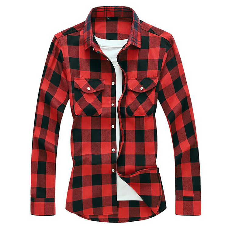 Men's Shirt Double Pocket Plaid Handsome Youth Long-sleeved Shirt Trendy_voghion.com