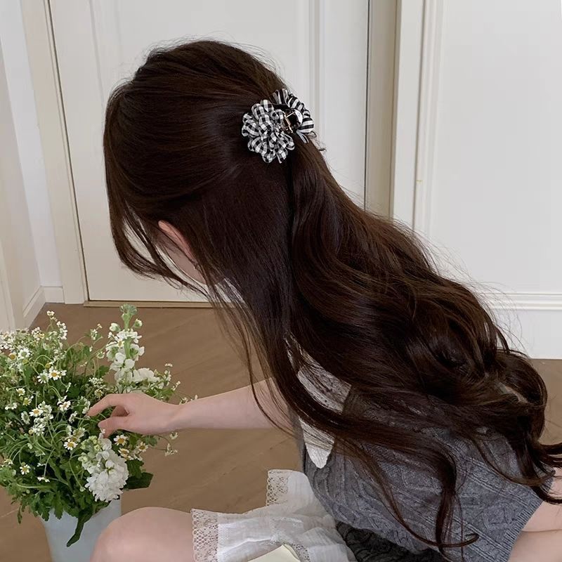 Plaid Flower Grab Clip Half Tie Hairpin Small Grab Clip On The Back Of The Head Travel Hairpin._voghion.com
