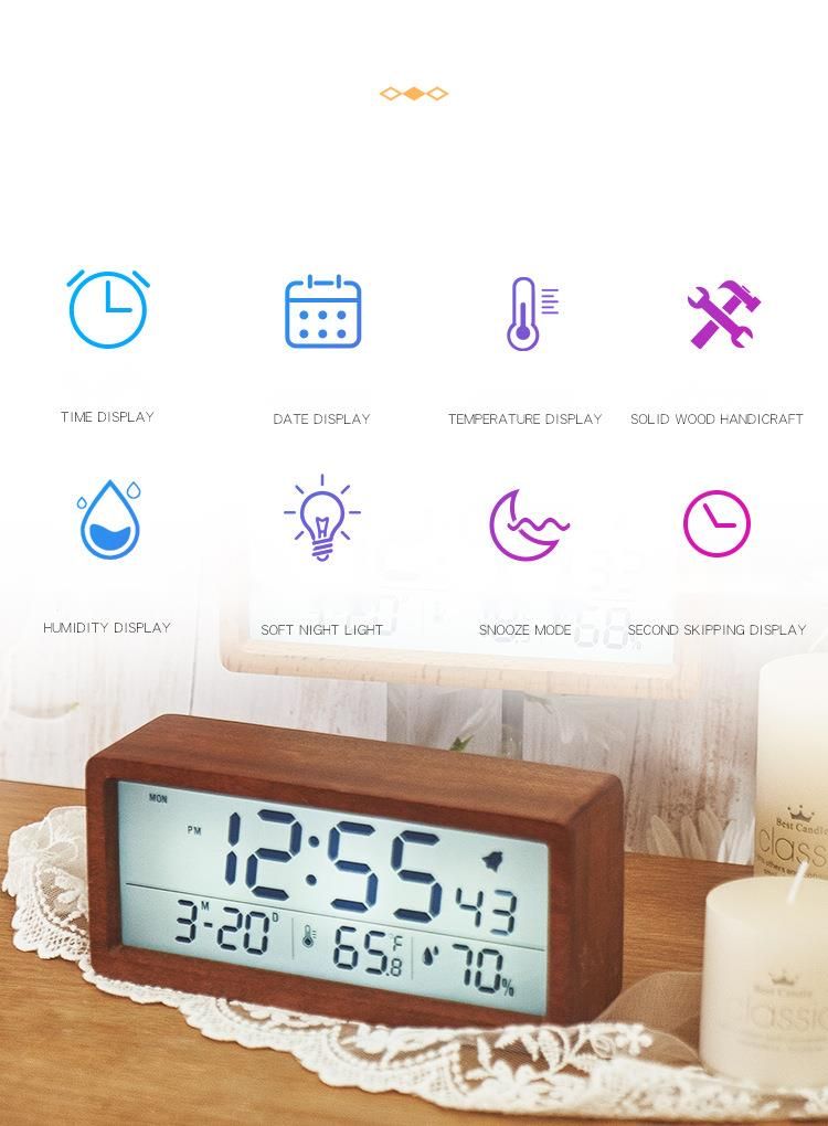 Nuovo stile in legno massello semplice temperatura e umidità 1906 luminoso comodino grande schermo LCD sveglia in legno_voghion.com