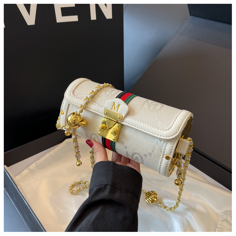 Advanced Women's Small Bag French Chain Shoulder Bag Versatile Spliced Leather Crossbody Cylinder Bag_voghion.com