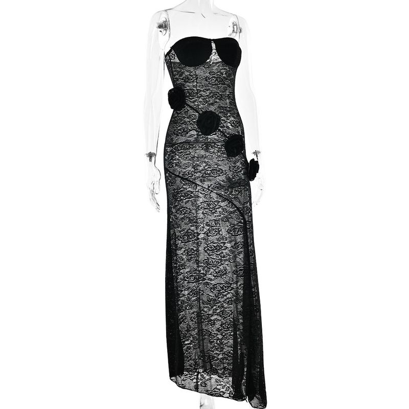 Abito da donna sexy, sottile e trasparente, in pizzo, con top a tubino autunnale e gonna lunga con coda di fiore tridimensionale_voghion.com