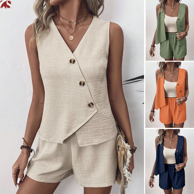 Ropa de mujer, moda informal, cuello en V, chaleco irregular, pantalones cortos, traje_voghion.com