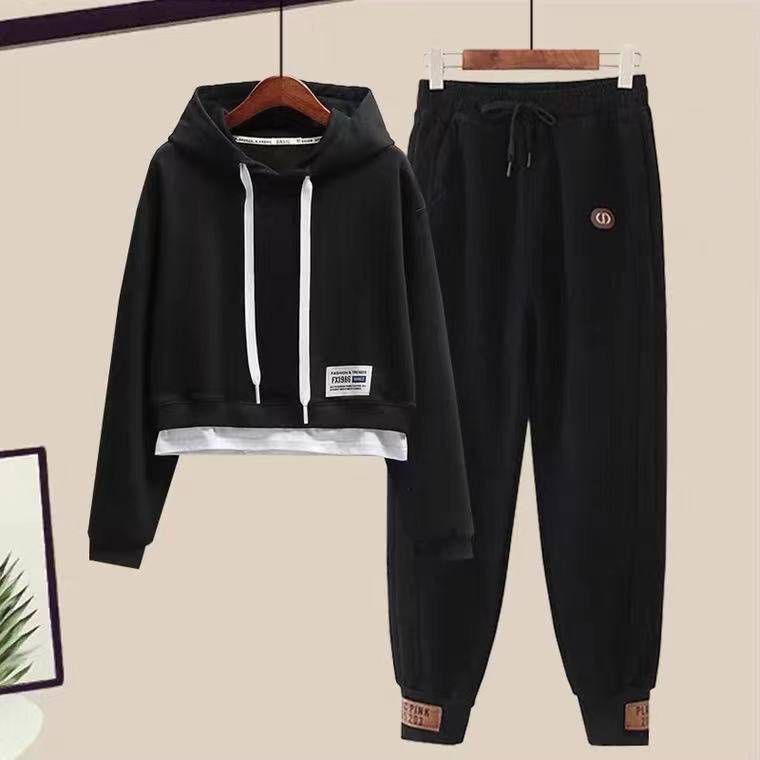Women's Clothing Small Autumn And Winter Casual Fashion Suit Plus Velvet And Thickened Hooded Sweatshirt And Sweatpants Two Piece Suit_voghion.com