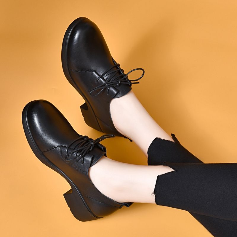Round Toe Lace-up Women's 2025 Black Top Layer Cowhide Chunky Heel Work Shoes Soft Leather Loafers Physical Store_voghion.com