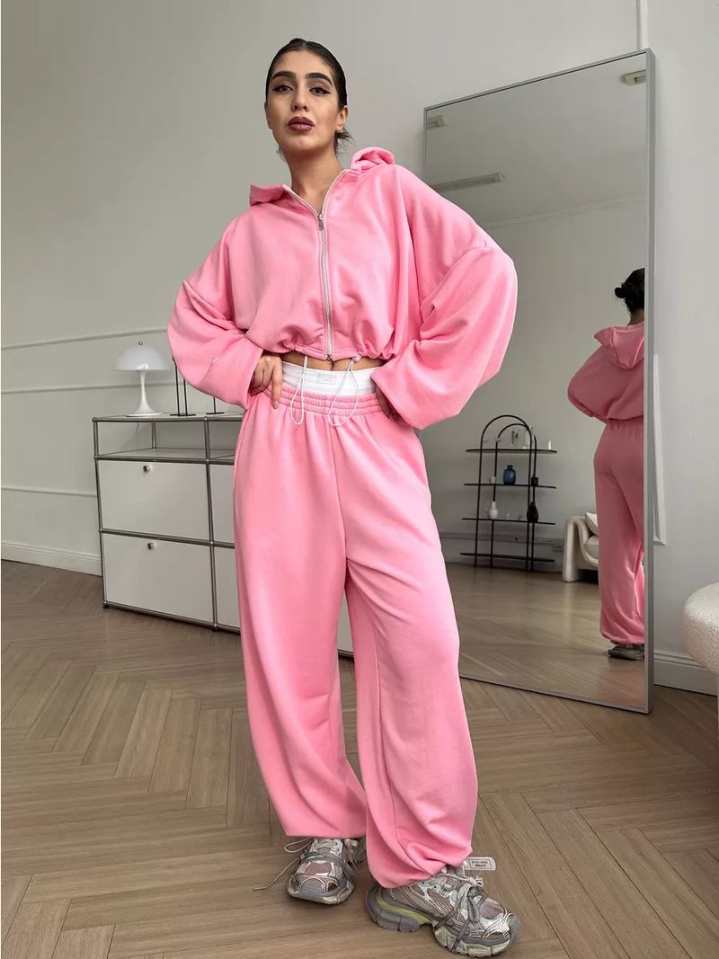 Women's Casual Suit Solid Color Long Sleeved Zipper Cardigan Drawstring Hooded Sweatshirt Sports Elastic Pants Two-piece_voghion.com