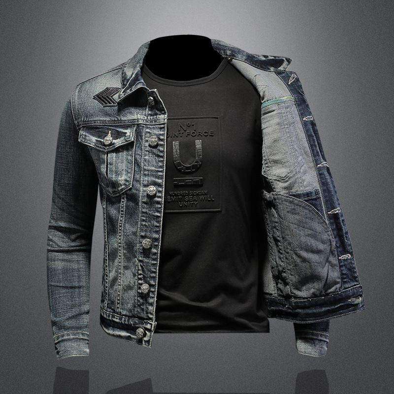 Herrenbekleidung Stilvolle Stehkragen-Jeansjacke Stretch-Jeansjacke für Herrenmode_voghion.com