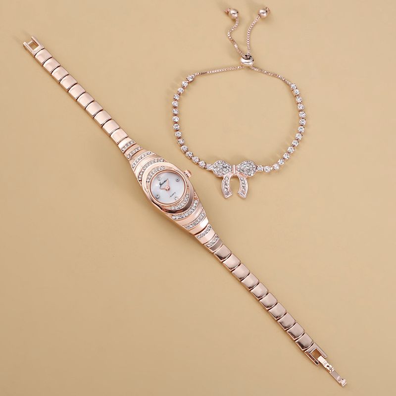 Diamond studded small dial thin strap personalized trendy steel strap quartz watch + bracelet (2pcs/set)_voghion.com