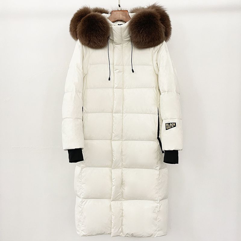 Abbigliamento da donna Giacca lunga con cappuccio e finiture in pelliccia di volpe, 90% piumino d'oca, nylon impermeabile, elegante e caldo cappotto invernale_voghion.com