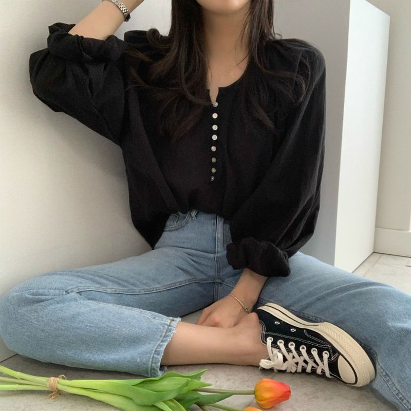 Camicia a maniche lunghe ampia e sottile con fibbia a conchiglia, girocollo semplice ed elegante coreana, per donna, 2024_voghion.com
