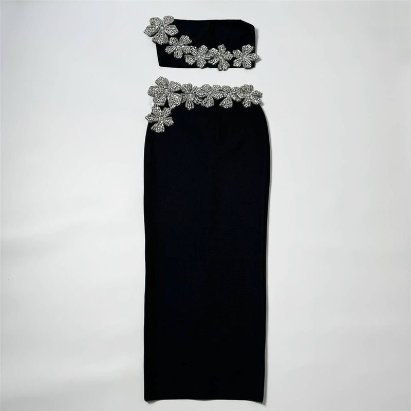 Zweiteiliges Set mit floralem Strass – trägerloses Bandage-Kleid und Korsett-Top für glamourösen Abend (S-L, Schwarz/Rot)_voghion.com