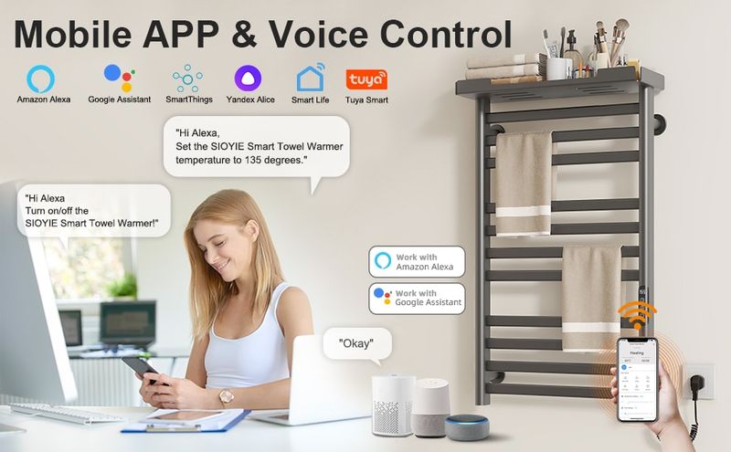 SIOYIE Heated Towel Rack With Shelf And Wi-Fi App Control, 11 Bars Electric Wall Mounted Towel Warmer With Timer & Adjustable Temperature, Low Carbon Steel, Plug-in/Hardwired, Gray_voghion.com