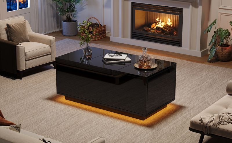 Table basse relevable avec LED, hauteur réglable et extensible, 95 x 48 x 40 cm, table de salon multifonctionnelle avec 2 tiroirs, noire_voghion.com