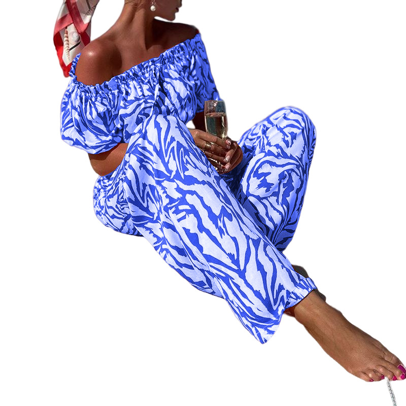 Damen-Stil, One-Shoulder-Kurzarm, modisch bedruckte Hose, zweiteiliges Hosen-Set_voghion.com