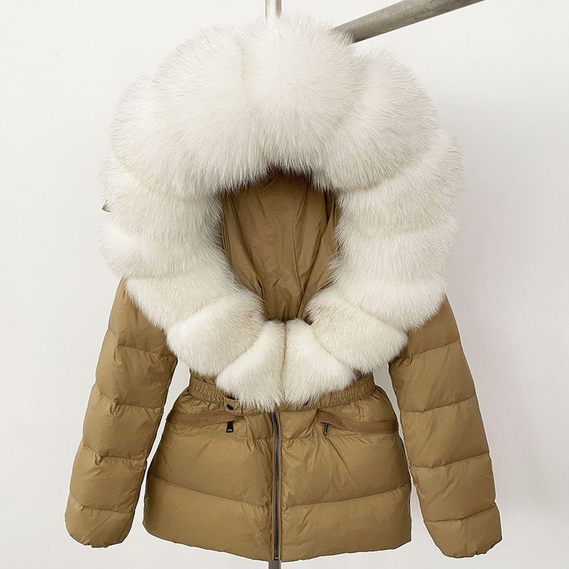 Nuovo stile caldo del commercio estero, giacca corta da donna con collo in vera pelliccia di volpe, giacca in piumino con vita sottile e spessa_voghion.com