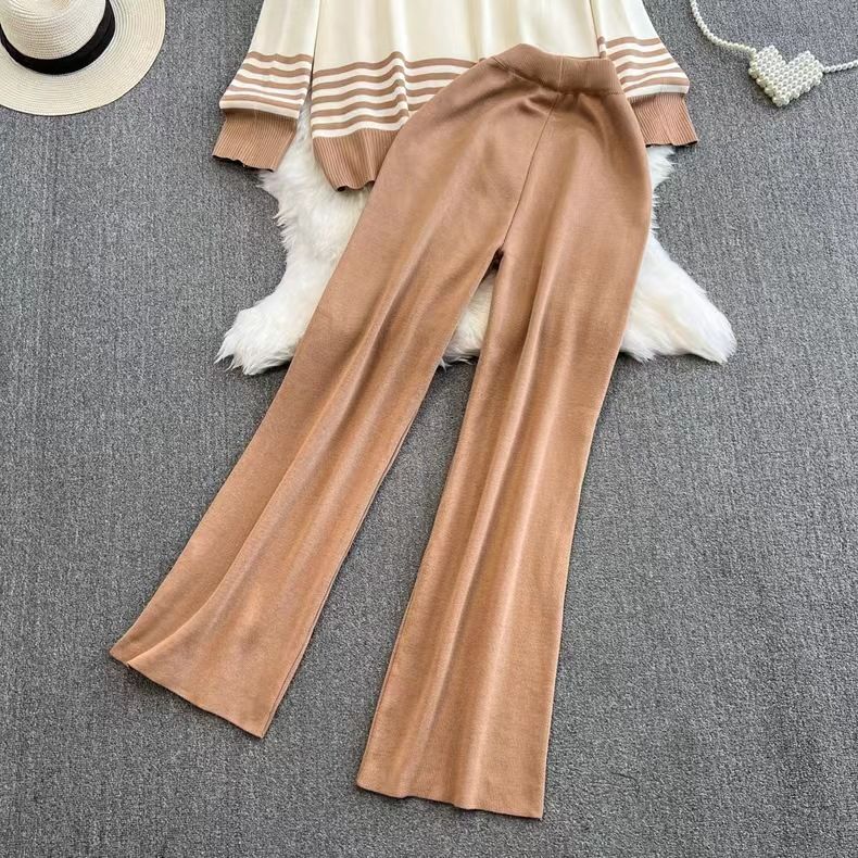Vêtements pour femmes, costume tricoté décontracté à la mode pour femmes, automne et hiver, haut ample à manches longues contrastées, taille haute, slim, jambe large, pantalon long_voghion.com