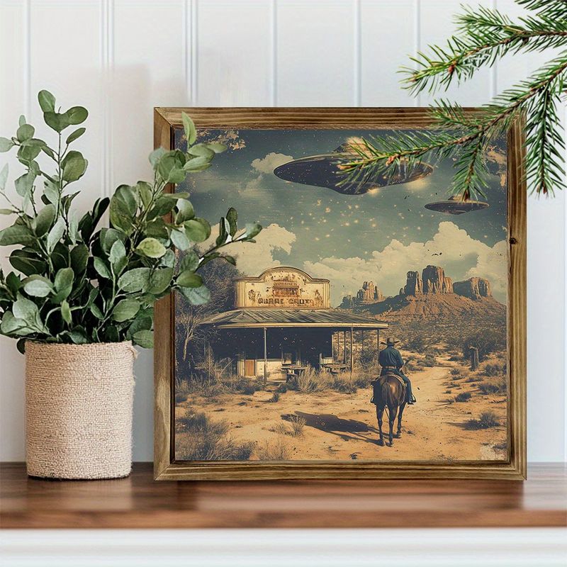 "8x8" Vintage UFO & Cowboys Wood Sign - Desert Scene Wall Art For Living Room, Bedroom, Office | Unique Holiday Gift_voghion.com