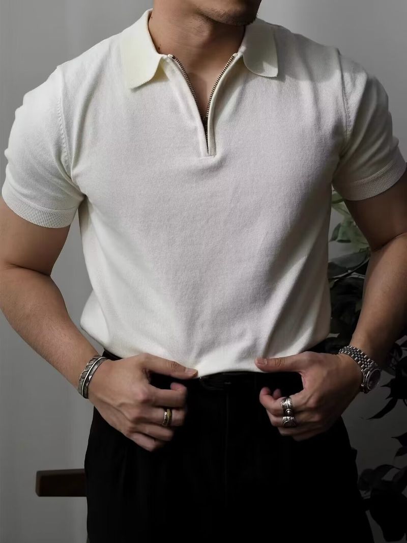 Herrenbekleidung Fabrik Direktverkauf Eisseide Strickoberteile für Männer High-End Sommer Leichte Luxus Herrenmode Kurzarm Poloshirt Halbreißverschluss_voghion.com