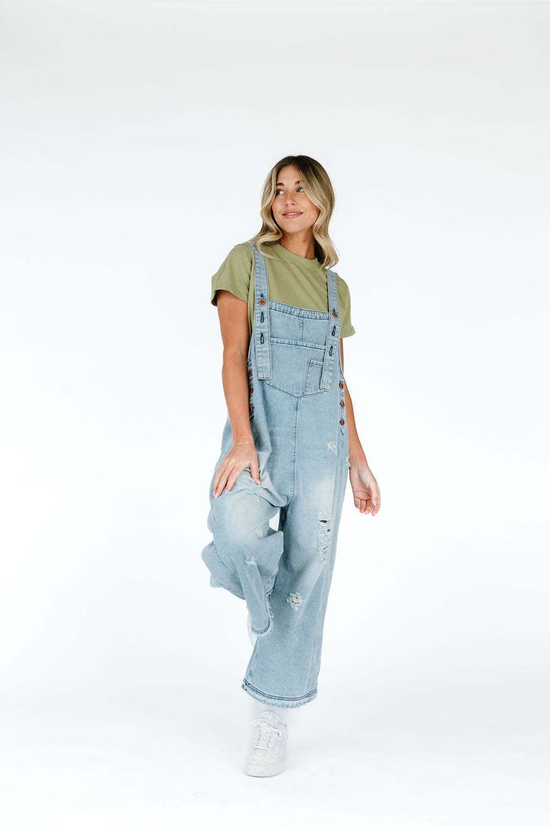 Kadın Giyim Moda Retro Yıpranmış Delikler Bol Geniş Paça Rahat Günlük Askılı Kot Tulum_voghion.com
