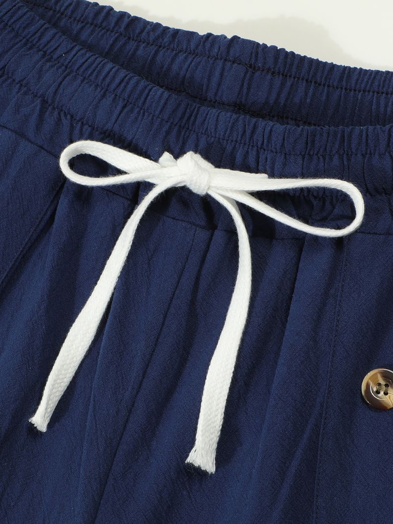 Pantaloncini estivi da uomo in cotone e lino, casual americani, larghi e dritti, con bottoni_voghion.com