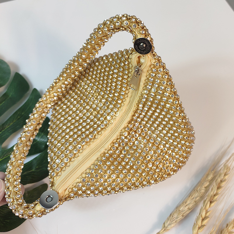 Retro full diamond mine bag triangular round portable dinner small bag women's portable soft bag flash diamond dumpling handbag_voghion.com