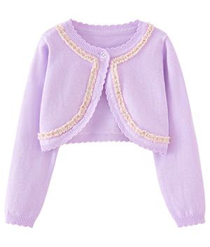 Cardigan élégant en tricot d'inspiration victorienne pour mère et enfant, avec bordure en dentelle, léger et doux, en mélange de coton (blanc-rose/blanc-noir/violet-rose)_voghion.com