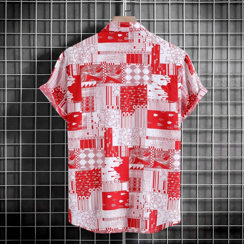 Camicia da spiaggia estiva stampata alla moda Camicia da uomo casual allentata a maniche corte con risvolto Camicia da uomo in cotone traspirante_voghion.com