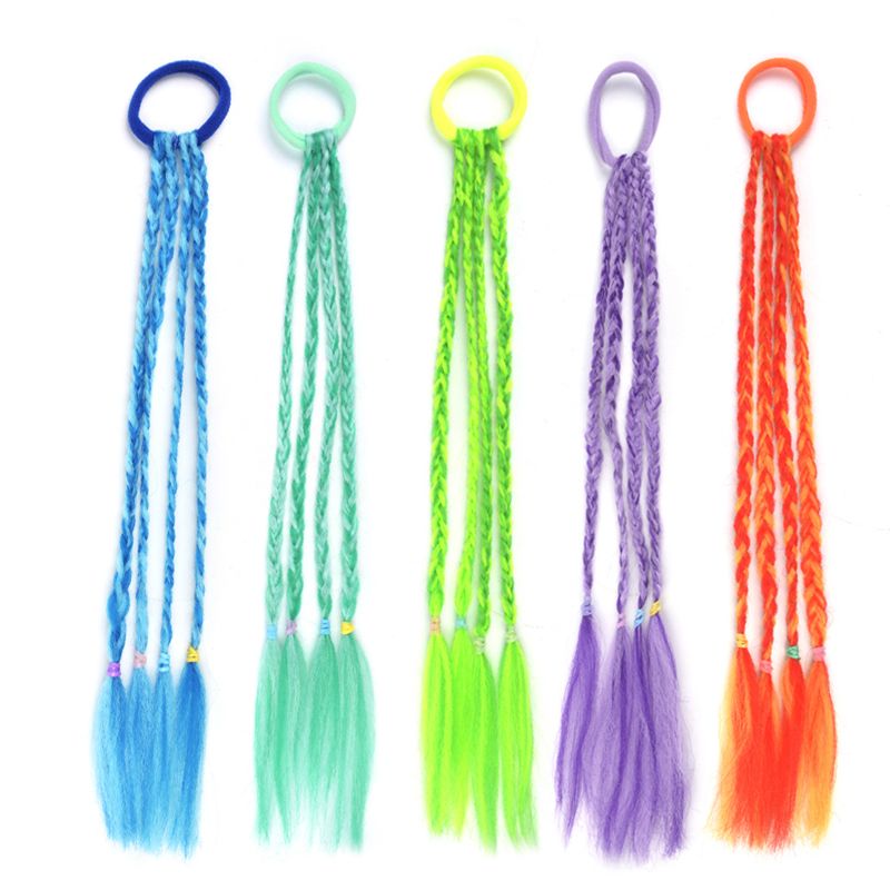 Lot de 5 extensions de cheveux en queue de cheval tressée arc-en-ciel de 30,5 cm avec bande élastique en caoutchouc, coiffure colorée pour enfants_voghion.com