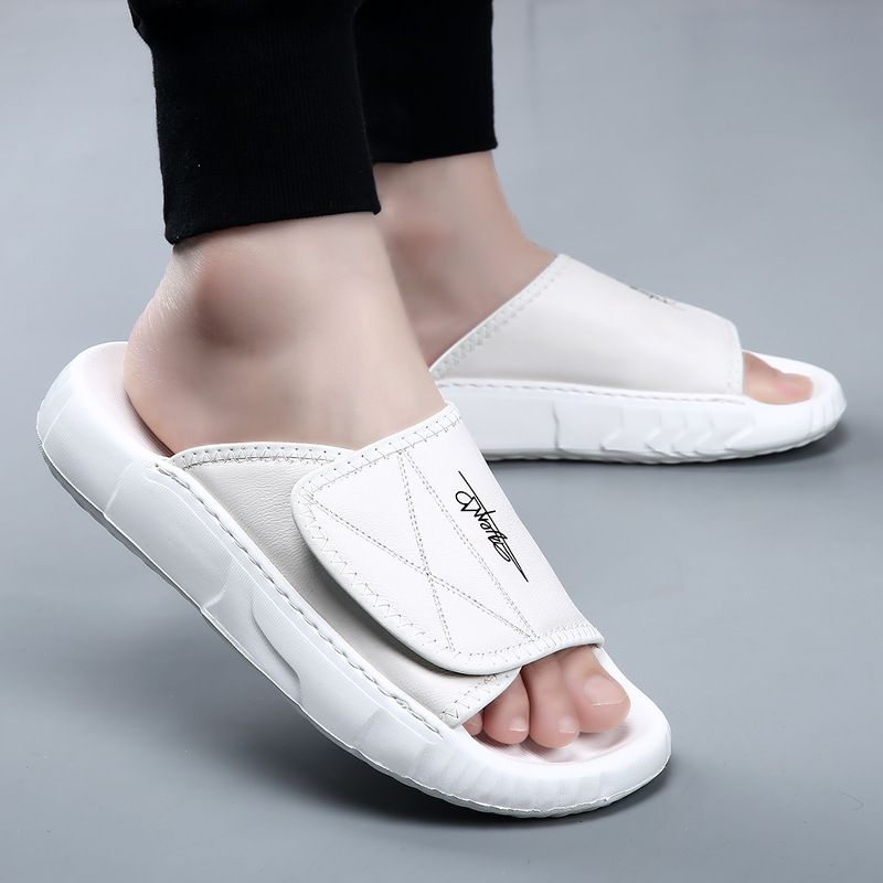 Summer Top Layer Cowhide For Home, High-end Indoor Leisure, Cool Slippers, Soft Bottom, Anti Slip White Men's Slippers_voghion.com