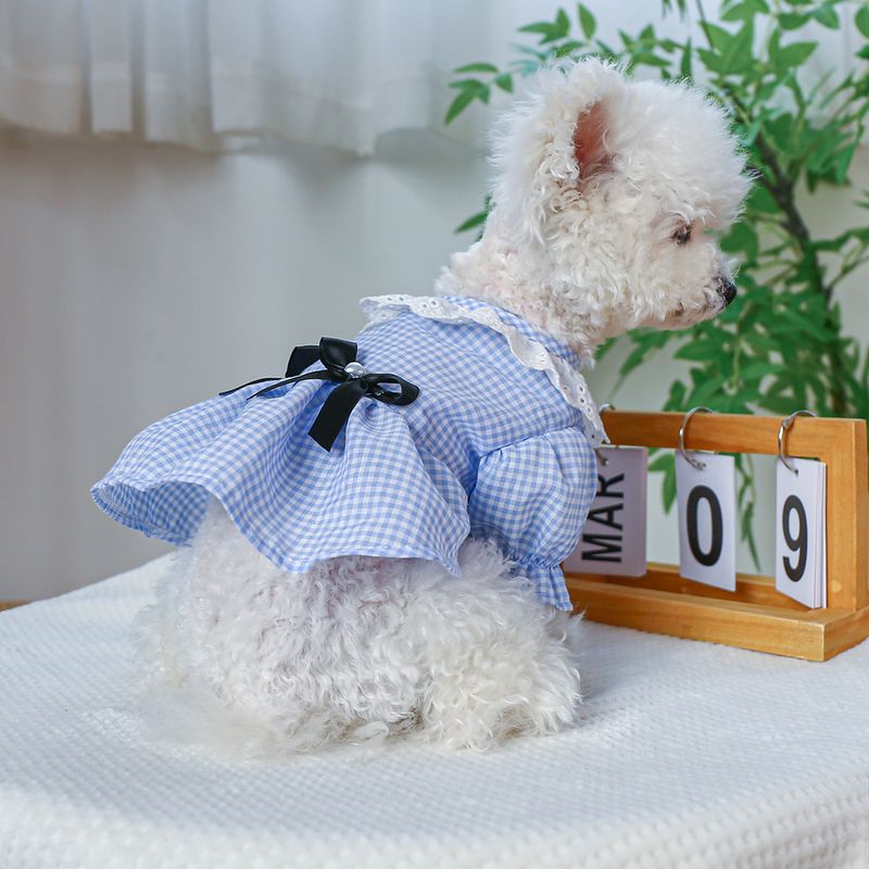 Pet Circle Dog Clothing Cat Clothes Bowknot Lace Collar Edge Black And White Plaid Princess Heart Pearl Dress_voghion.com