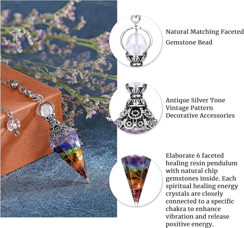 Hexagonal Crystal Pendulum - Antique Silver Plated Divination Tool With Semi-Precious Stones_voghion.com