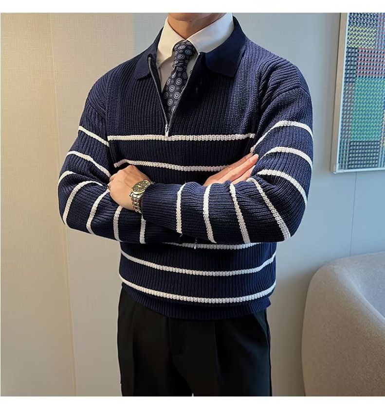 Maglione lavorato a maglia da uomo alla moda – Pullover a righe con mezza zip e vestibilità comoda (M-3XL, nero/blu navy)_voghion.com