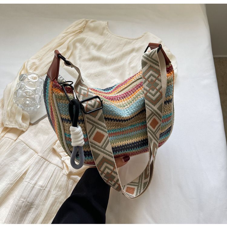 Sac à bandoulière simple tissé en herbe bohème pour femmes, nouvelle mode 2025, motif croix diagonale, motif boulettes_voghion.com