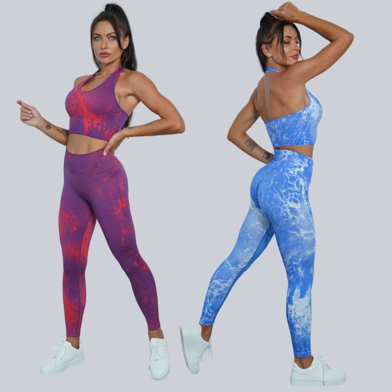 Seamless Digital Printing Yoga Halter Bra High Waist Hip Lift Shorts Sports Set Women_voghion.com