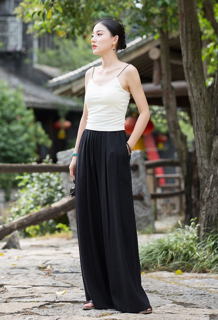Women's Clothing Textured Linen Versatile Version Lengthen Legs Elegant and Chic Women's Skirt Pants Wide-leg Pants_voghion.com