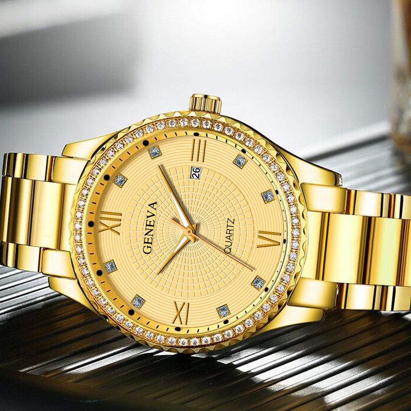 Herrenuhr mit römischer Skala, Diamant-Inlay, Internet-Promi-Kalender, Stahlbanduhr, Herren-Quarz-Gürteluhr_voghion.com