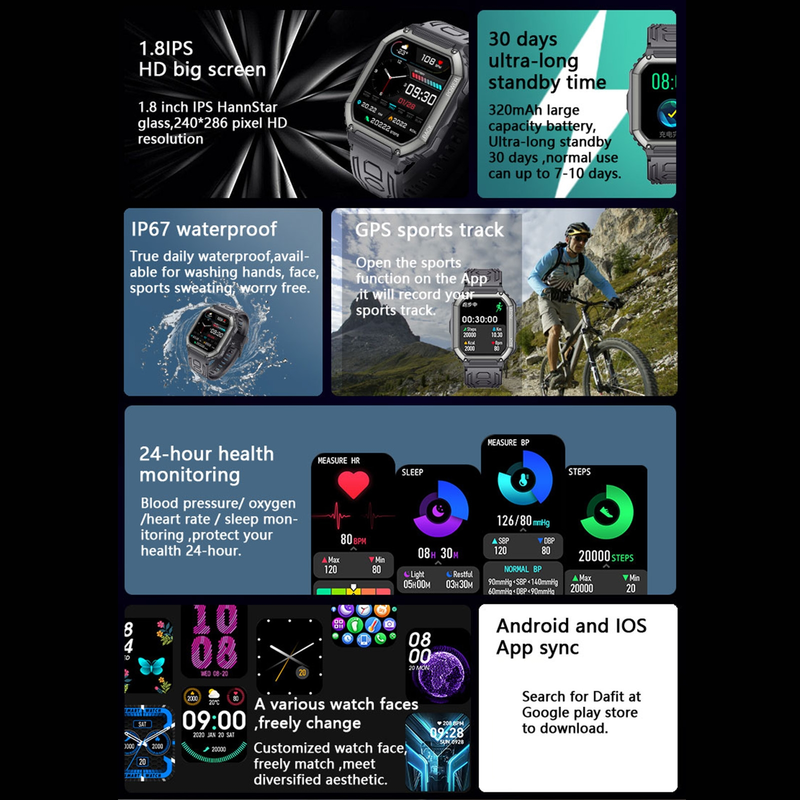 KR06 Waterproof Pedometer Sport Smart Watch, Support Heart Rate / Blood Pressure Monitoring / BT Calling(Black)_voghion.com