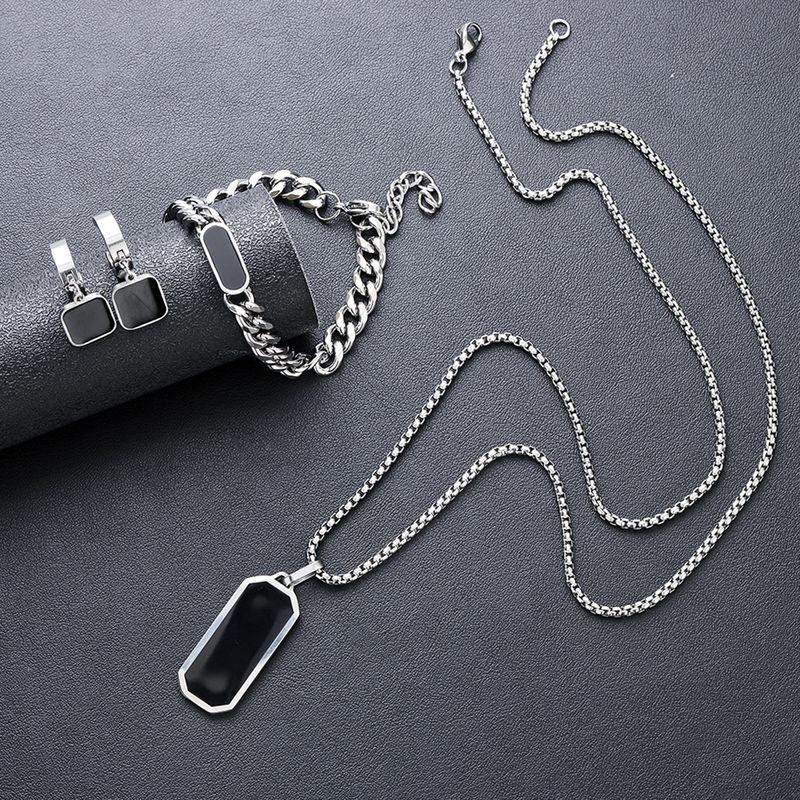 Collier pendentif long barre, boucles d'oreilles carrées noires en acier inoxydable, bracelet cubain, ensemble en acier titane inaltérable_voghion.com